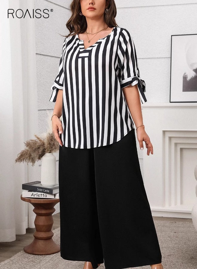 رويس طقم نسائي صيفي فضفاض بمقاسات كبيرة، مكون من بلوزة مخططة كاجوال، وبنطلون واسع الساق، وبلوزة بفتحة رقبة على شكل حرف V، وأكمام بنطلون قصيرة مع فيونكة، وزي أسود للمكتب - Image 2