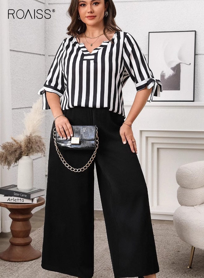 رويس طقم نسائي صيفي فضفاض بمقاسات كبيرة، مكون من بلوزة مخططة كاجوال، وبنطلون واسع الساق، وبلوزة بفتحة رقبة على شكل حرف V، وأكمام بنطلون قصيرة مع فيونكة، وزي أسود للمكتب - Image 3