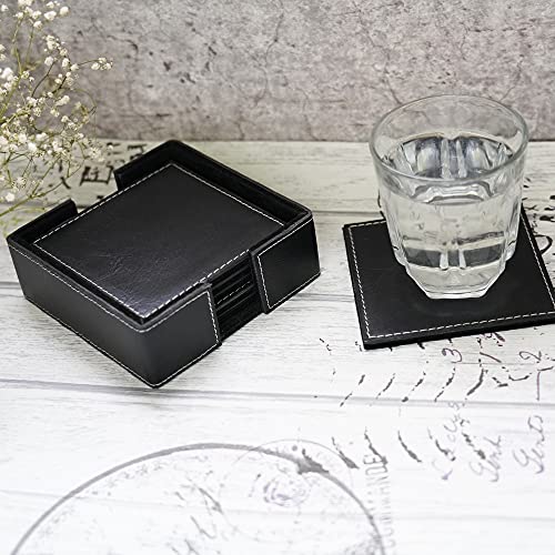 DECOWORLD || Genuine Buff Leather Tea Coasters Set of 6 with Stand || Coasters for Cups, Coffee Mugs, Drinks|| Coasters for Dining Table. Coffee Table for Home or Office Use (Black) - Image 2