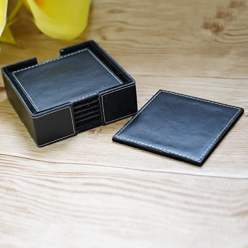 DECOWORLD || Genuine Buff Leather Tea Coasters Set of 6 with Stand || Coasters for Cups, Coffee Mugs, Drinks|| Coasters for Dining Table. Coffee Table for Home or Office Use (Black) - Image 4