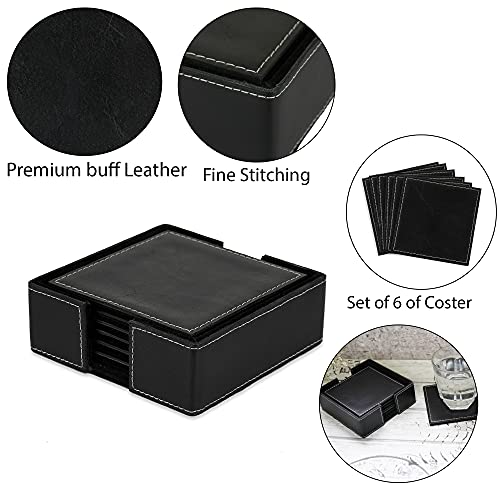 DECOWORLD || Genuine Buff Leather Tea Coasters Set of 6 with Stand || Coasters for Cups, Coffee Mugs, Drinks|| Coasters for Dining Table. Coffee Table for Home or Office Use (Black) - Image 5