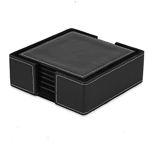 DECOWORLD || Genuine Buff Leather Tea Coasters Set of 6 with Stand || Coasters for Cups, Coffee Mugs, Drinks|| Coasters for Dining Table. Coffee Table for Home or Office Use (Black) - Image 1