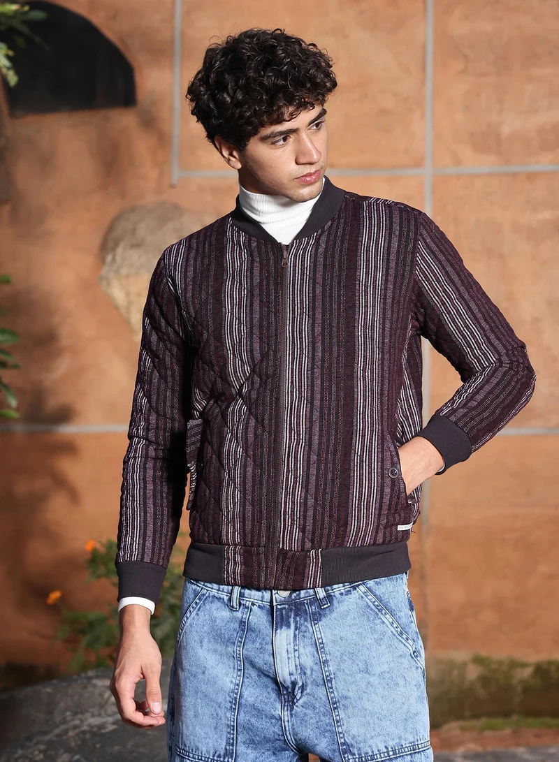 Campus Sutra Men's Burgundy Red Striped Quilted Bomber Jacket | Baseball Collar , Ribbed Cuff Sleeves , Zipper Closure , Ribbed-Straight Hem | Stripes Quilted For Casual & Daily Wear