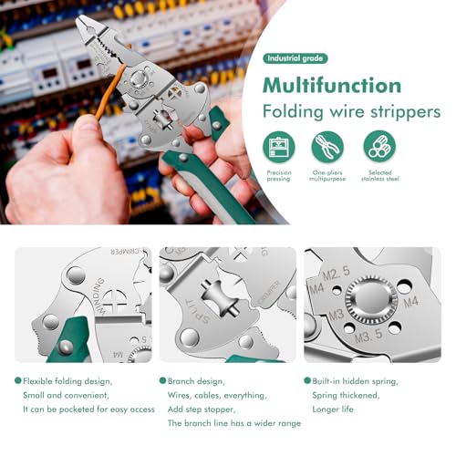 XBEY 9-in-1 Multifunctional Stainless Steel Wire Cutter Foldable Wire Stripper Wire Cutter Tool Pliers for Cutting Electrical Stripping Tool & Crimping Tool (Light Green Foldable Wire Stripper) - Image 5