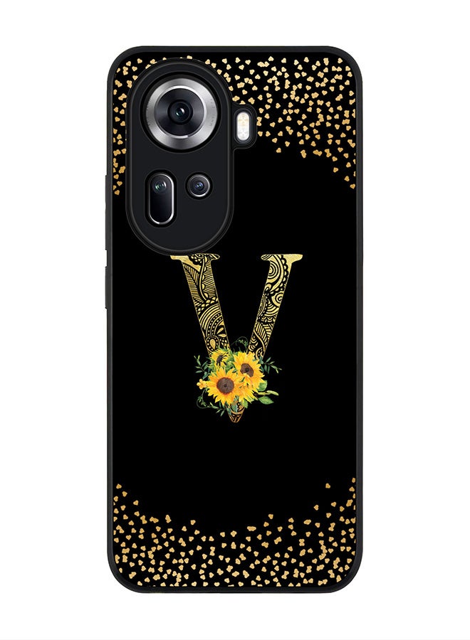 Rugged Black Edge Case for Oppo Reno11, Slim fit Case Cover - Custom Monogram Initial Letter Mandala Floral Pattern Alphabet - V ( Black )