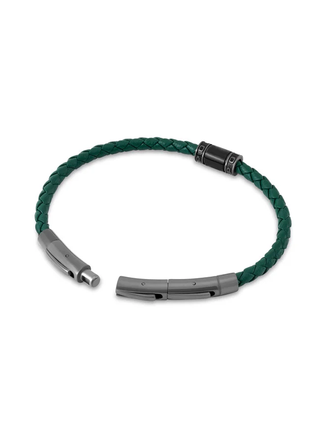 POLICE Carbon Green Slim Braided Leather Bracelet for Men