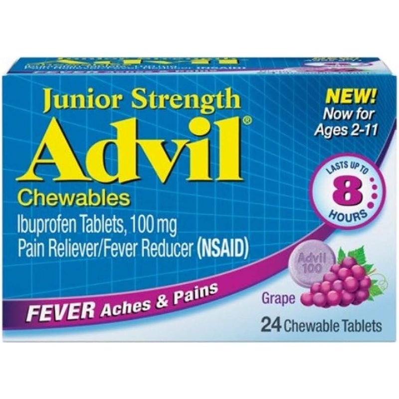 Advil Junior Chewable Ibuprofen Tablets, Grape 100mg, 24 Tablets Each (Pack of 3) - Image 1