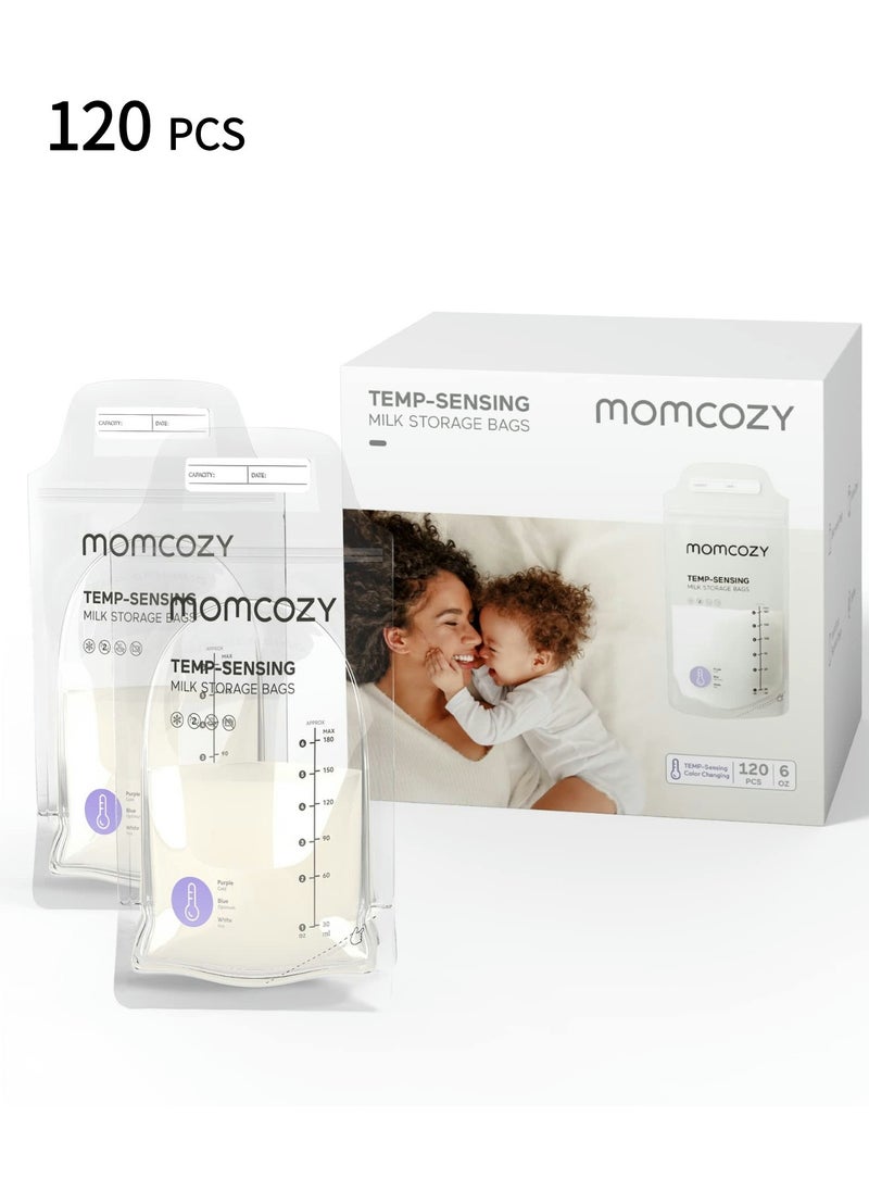 Momcozy Breastmilk Storing Bags, Temp-Sensing Discoloration Milk Storing Bags for Breastfeeding, Disposable Milk Storage Bag with 6 Ounce Self Standing, No-Leak Milk Freezer Storage Pouches  - Image 1