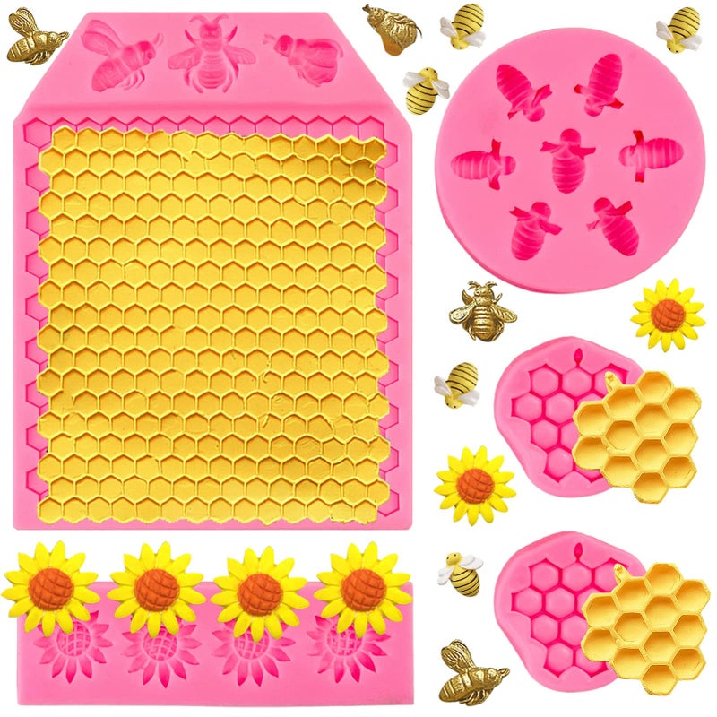 Rainmae 5 Pcs Bumble Bee Silicone Molds Honeycomb Sunflower Fondant Mold Beehive Silicone Baking Mold for Happy Bee Day Cake DIY Baking Tools for Candy Decoration Cupcake Topper Crafting Projects