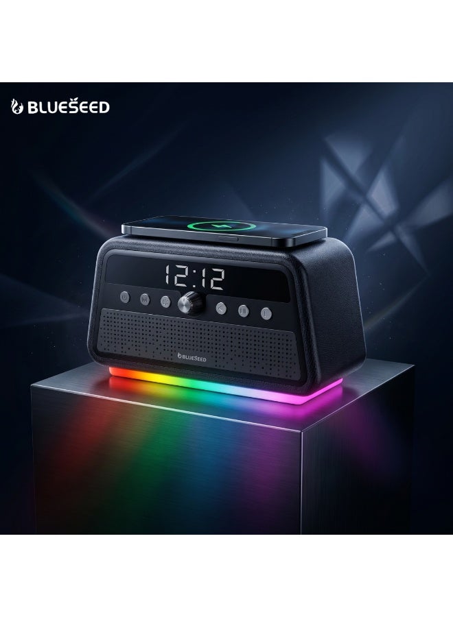 BLUESEED BS-402 Multifunctional Karaoke Speaker, 60W Wireless Charging Bluetooth Speaker with LED Clock Display, Wooden Case, 4 Sound Modes, USB/TF/AUX, 3-5 Hours Playtime - Image 4