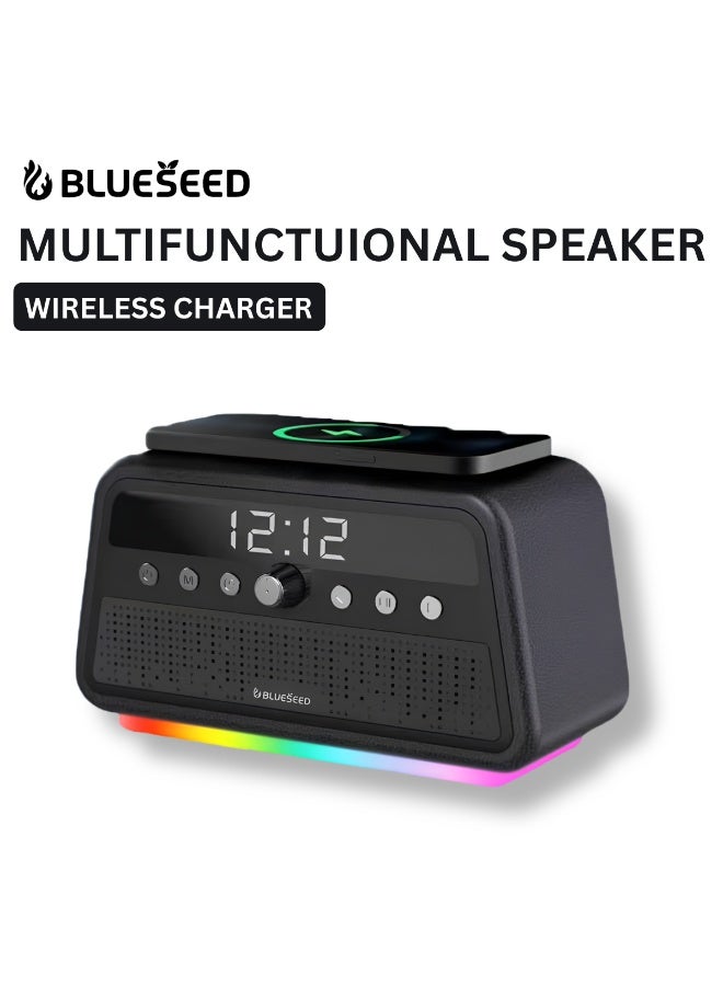 BLUESEED BS-402 Multifunctional Karaoke Speaker, 60W Wireless Charging Bluetooth Speaker with LED Clock Display, Wooden Case, 4 Sound Modes, USB/TF/AUX, 3-5 Hours Playtime - Image 1