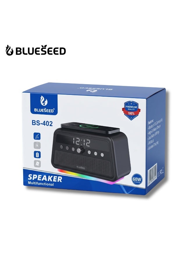 BLUESEED BS-402 Multifunctional Karaoke Speaker, 60W Wireless Charging Bluetooth Speaker with LED Clock Display, Wooden Case, 4 Sound Modes, USB/TF/AUX, 3-5 Hours Playtime - Image 2