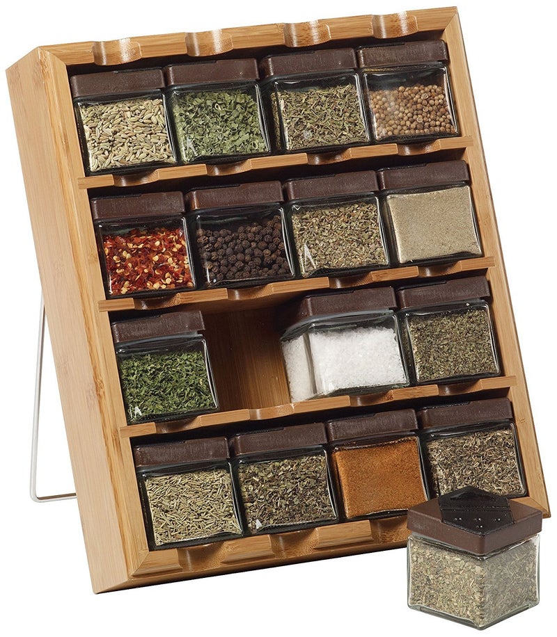 Kamenstein Kamenstein Jar Bamboo 3in1 Spice Organizer for Countertop Wall and Drawer with Spices Included FREE Spice Refills for 5 Years Lift  Pour Caps  16 Count  Pack of 1 