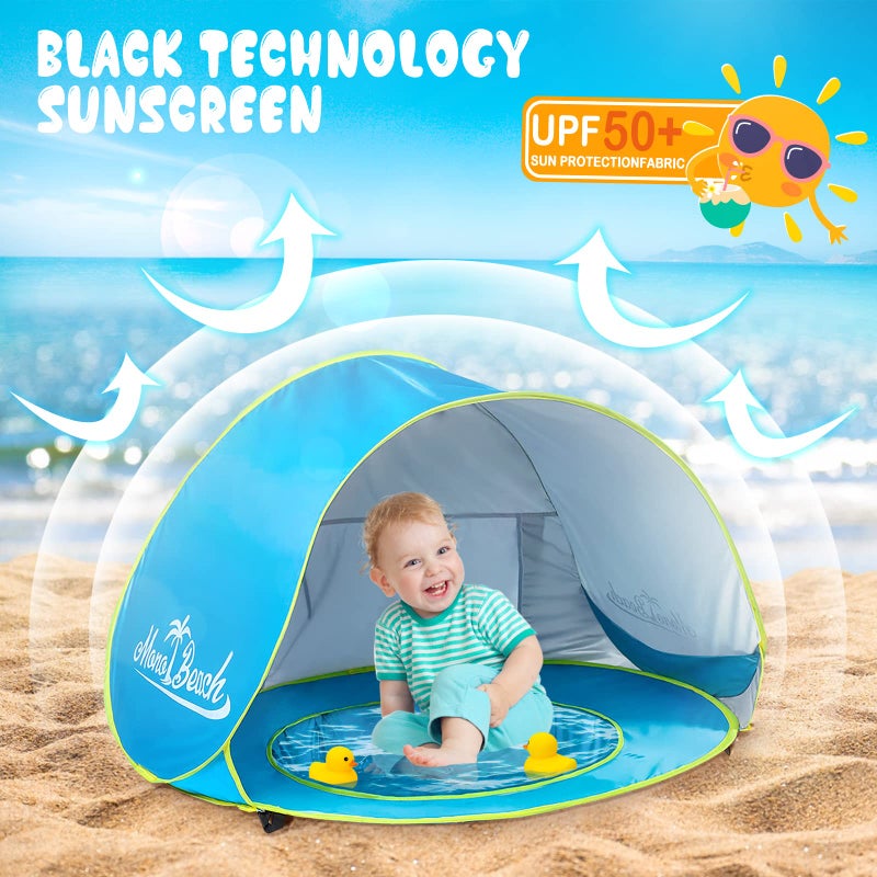 Monobeach Baby Beach Tent with Sun Hat Pop Up Portable Shade Pool UPF50+ UV Protection Sun Shelter for Infant with Easy Set Up Canopy (Blue) - Image 3