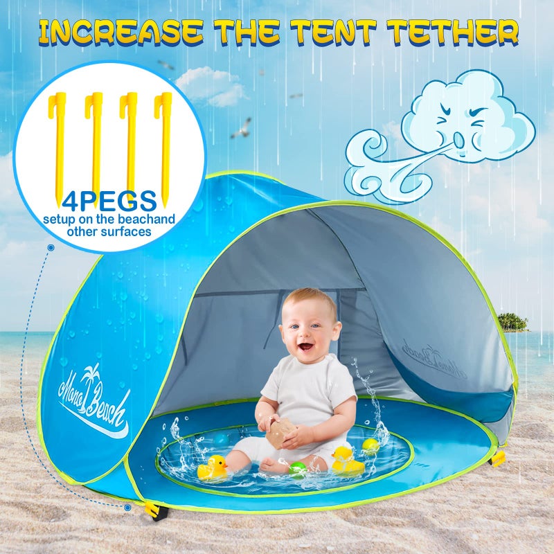 Monobeach Baby Beach Tent with Sun Hat Pop Up Portable Shade Pool UPF50+ UV Protection Sun Shelter for Infant with Easy Set Up Canopy (Blue) - Image 5