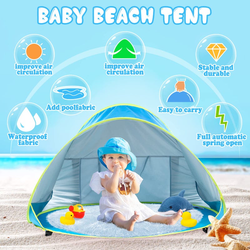 Monobeach Baby Beach Tent with Sun Hat Pop Up Portable Shade Pool UPF50+ UV Protection Sun Shelter for Infant with Easy Set Up Canopy (Blue) - Image 2
