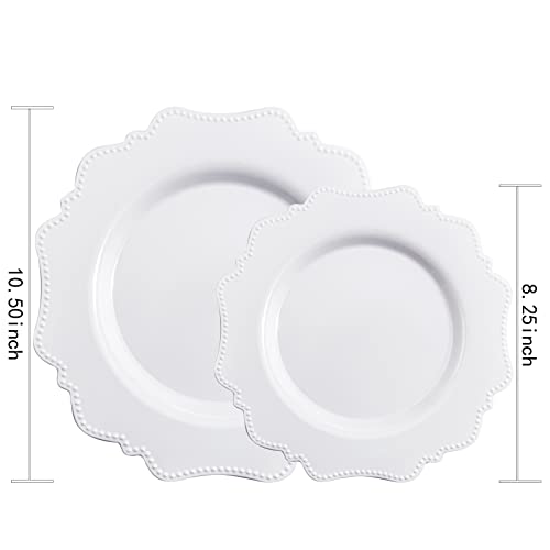COLOSUS 60PCS White Plastic Plates for 30 guests-Fancy Beaded Plates,Disposable Plates for Party,Include 30 PCS 10.5" Dinner Plates & 30PCS 8.25" Dessert-Platos for Thanksgiving,Birthday/Wedding - Image 2