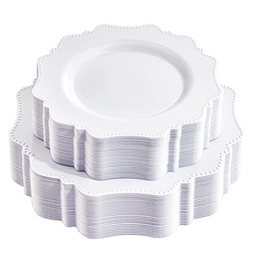 COLOSUS 60PCS White Plastic Plates for 30 guests-Fancy Beaded Plates,Disposable Plates for Party,Include 30 PCS 10.5" Dinner Plates & 30PCS 8.25" Dessert-Platos for Thanksgiving,Birthday/Wedding - Image 1