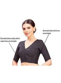 Studio Shringaar Studio Shringaar Women's Cotton Silk Elbow Length Sleeves Stretchable (Smocked) Readymade Saree Blouse (Black, 42)  - Image 2