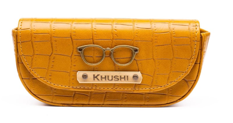 AICA Personalized Name & Charm Sunglasses Case (Yellow) Self-Textured Leather with Magnetic Closure | Gifts for Boy | Gifts for Girl | Corporate Gifts | Diwali Gifts for Family and Friends - Image 1