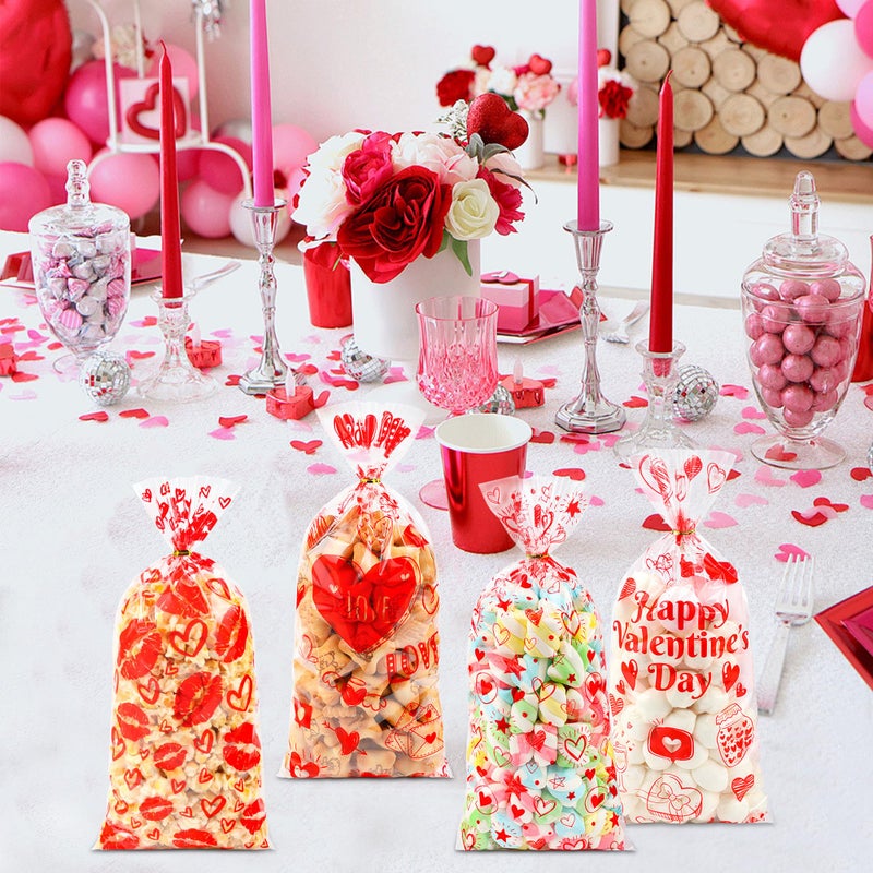 ZYLOP 50Pcs Valentines Goodie Bags - 5 X 11 Plastic Valentines Cellophane Treat Bags With Twist Ties  Red Heart & Love Design Valentine Candy Bags For Kids Classroom Exchange  Party Favors  Gifts  Cookies - Image 4