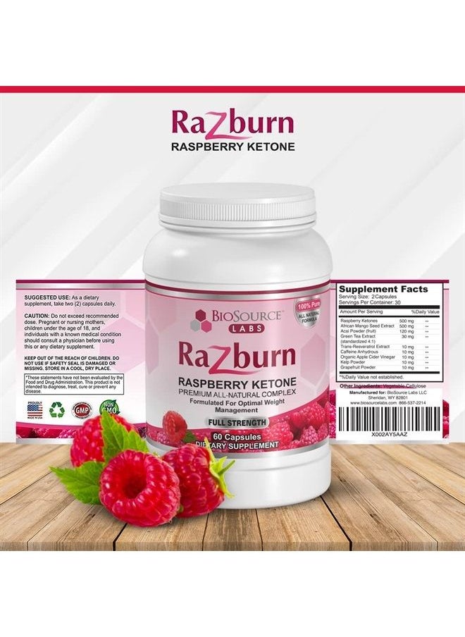 BioSource Labs - Razburn – Premium, Extra Potent 100% Pure Raspberry Ketones – All-Natural Pills with Caffeine & Green Tea Extract for Men & Women (60 Vegetarian Capsules) - Image 1