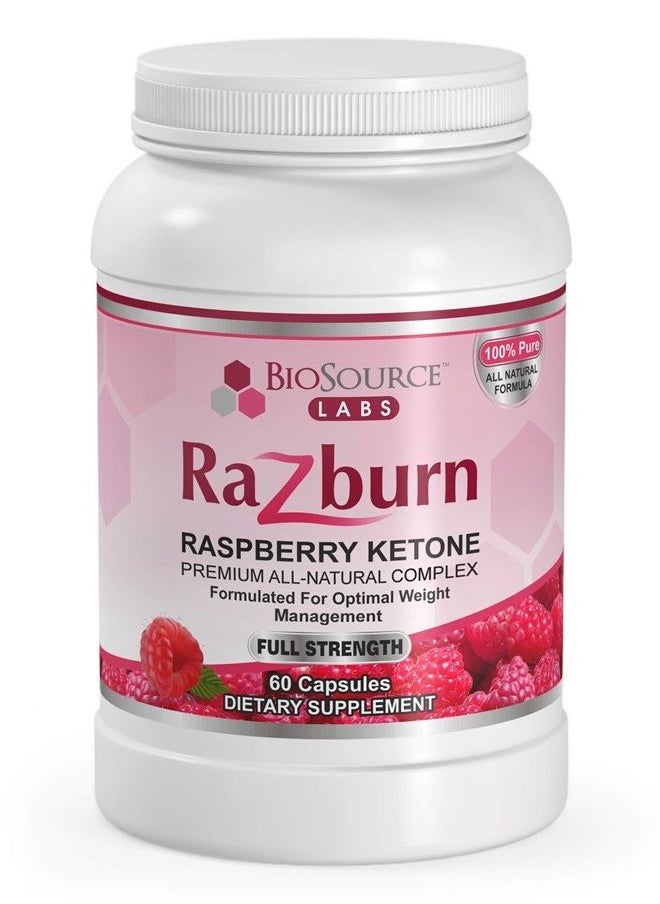 BioSource Labs - Razburn – Premium, Extra Potent 100% Pure Raspberry Ketones – All-Natural Pills with Caffeine & Green Tea Extract for Men & Women (60 Vegetarian Capsules) - Image 1