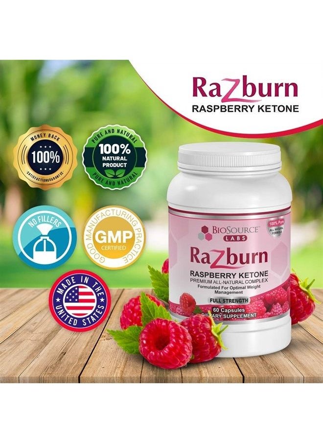 BioSource Labs - Razburn – Premium, Extra Potent 100% Pure Raspberry Ketones – All-Natural Pills with Caffeine & Green Tea Extract for Men & Women (60 Vegetarian Capsules) - Image 1