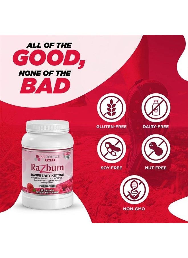 BioSource Labs - Razburn – Premium, Extra Potent 100% Pure Raspberry Ketones – All-Natural Pills with Caffeine & Green Tea Extract for Men & Women (60 Vegetarian Capsules) - Image 1