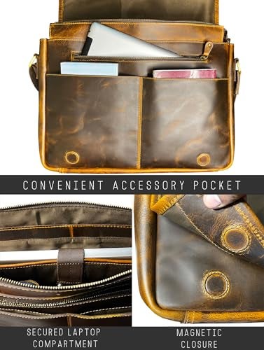 RUSTIC TOWN Leather Messenger Bag for Men Women - Full Grain Leather Laptop Satchel Office Shoulder Bag (16-Inch, Brown) - Image 3
