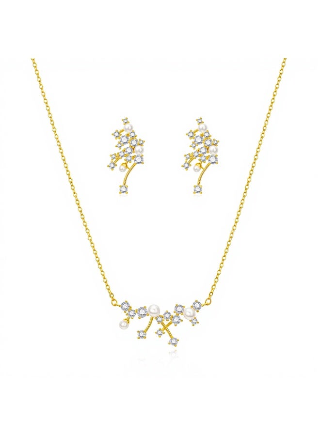 MTZ Gold Plated Pearl Cubic Zirconia Necklace & Earrings Set, Elegant Branch Design Jewelry Set for Women, Perfect for Wedding Party Eid - Image 1