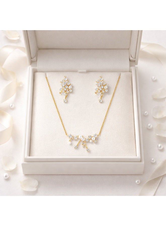 MTZ Gold Plated Pearl Cubic Zirconia Necklace & Earrings Set, Elegant Branch Design Jewelry Set for Women, Perfect for Wedding Party Eid - Image 3
