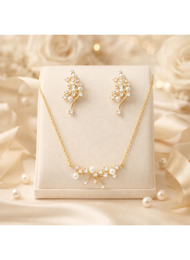 MTZ Gold Plated Pearl Cubic Zirconia Necklace & Earrings Set, Elegant Branch Design Jewelry Set for Women, Perfect for Wedding Party Eid - Image 5