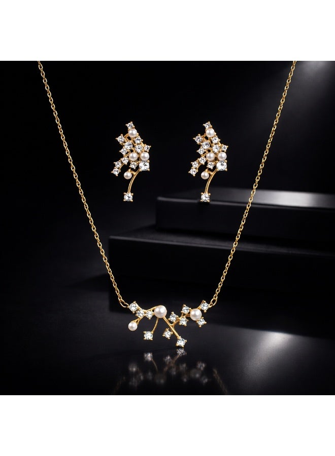MTZ Gold Plated Pearl Cubic Zirconia Necklace & Earrings Set, Elegant Branch Design Jewelry Set for Women, Perfect for Wedding Party Eid - Image 4