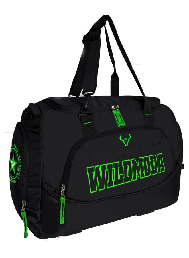 WILD MODA حقيبة سفر ورياضة ويوجا من WILDMODA سعة 45 لترًا مع جيب للأحذية (أسود وأخضر) - بوليستر فاخر شديد التحمل - Image 1