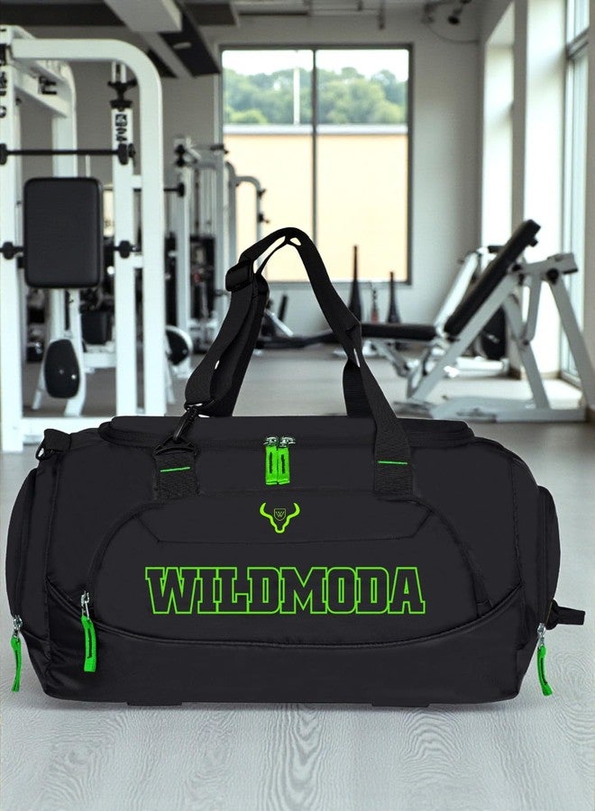 WILD MODA حقيبة سفر ورياضة ويوجا من WILDMODA سعة 45 لترًا مع جيب للأحذية (أسود وأخضر) - بوليستر فاخر شديد التحمل - Image 2