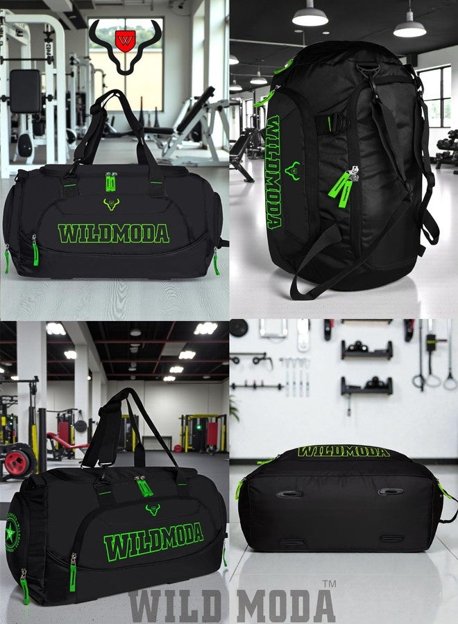 WILD MODA حقيبة سفر ورياضة ويوجا من WILDMODA سعة 45 لترًا مع جيب للأحذية (أسود وأخضر) - بوليستر فاخر شديد التحمل - Image 5