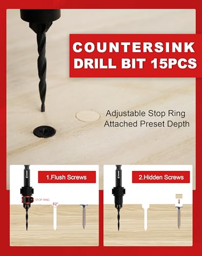 EZARC Countersink Drill Bit Set, 15 PCS Tapered Drill Bits Counter Sink Drill Bit with 2PCS Wood Plug Cutter 1/4" Hex Shank Quick Change for Woodworking with Storage Box - Image 2