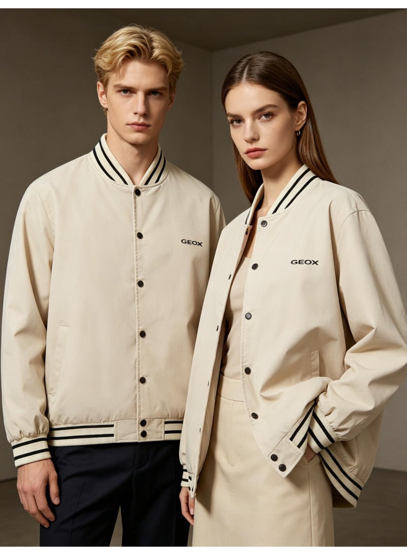 GEOX Men's Women's Button Baseball Bomber Jacket Beige - Image 2