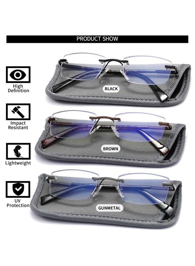 JJWELL 3 Pack Reading Glasses for Men Blue Light Blocking, Lightweight Rimless Metal Mens Eyeglasses Readers, Anti Eyestrain/Dryness/Computer Glare/UV 400, Spring Hinge Eyeglasses with Pouches - Image 2