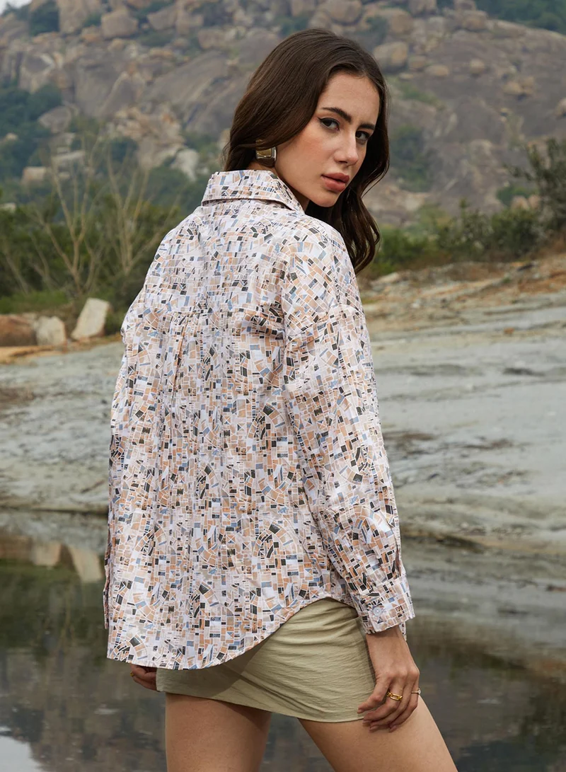 Campus Sutra Campus Sutra Women's Buff Beige Paseo Oversized Shirt For Casual Wear | Spread Collar | Long Sleeve | Button Closure | Oversized Shirt Crafted With Comfort Fit For Everyday Wear