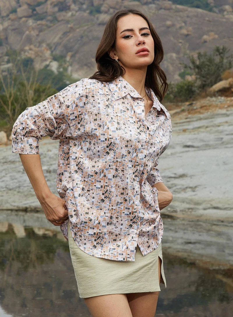 Campus Sutra Campus Sutra Women's Buff Beige Paseo Oversized Shirt For Casual Wear | Spread Collar | Long Sleeve | Button Closure | Oversized Shirt Crafted With Comfort Fit For Everyday Wear