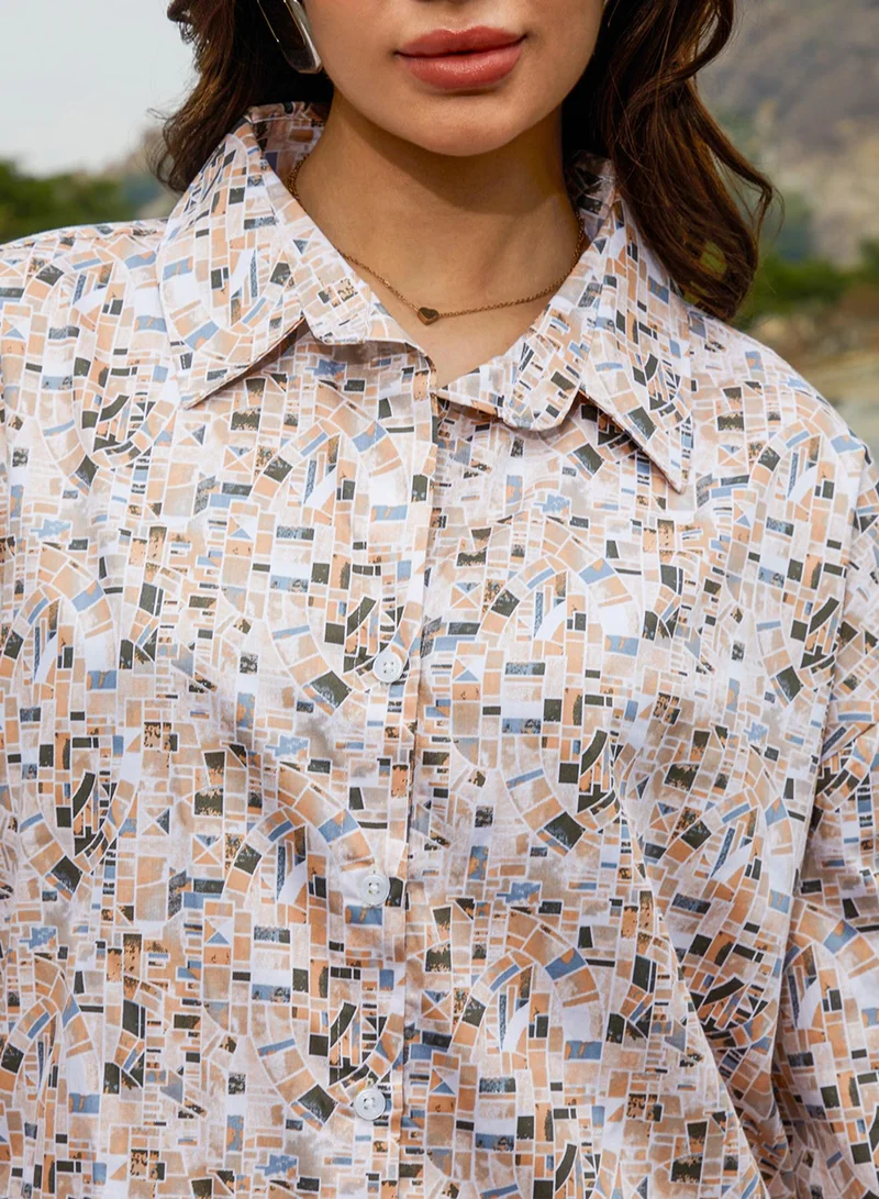 Campus Sutra Campus Sutra Women's Buff Beige Paseo Oversized Shirt For Casual Wear | Spread Collar | Long Sleeve | Button Closure | Oversized Shirt Crafted With Comfort Fit For Everyday Wear