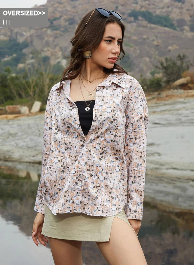 Campus Sutra Campus Sutra Women's Buff Beige Paseo Oversized Shirt For Casual Wear | Spread Collar | Long Sleeve | Button Closure | Oversized Shirt Crafted With Comfort Fit For Everyday Wear