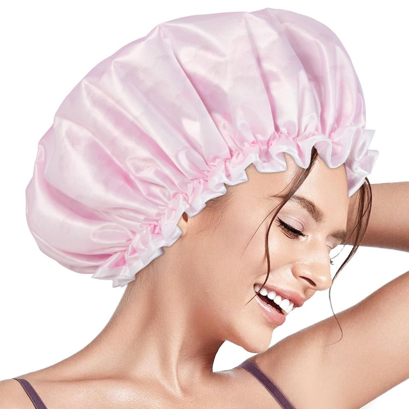 Aquior Shower Caps Reusable Shower Cap for Women Double Layer Waterproof Bonnet Hair Cap Large Size for All Hair Lengthsfor Girls Spa Home Salon Use Pink Cloud