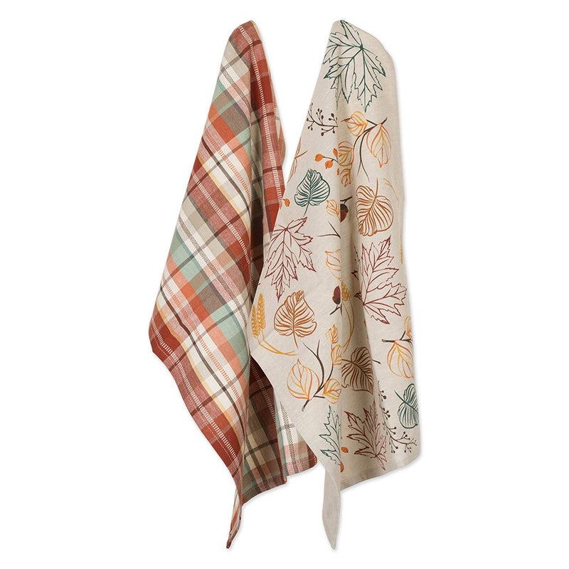 DII Fall Basics Kitchen Dishtowel Collection Printed  Plaid Fall Dish Towel Set 18x28 Autumn Leaves 2 Count