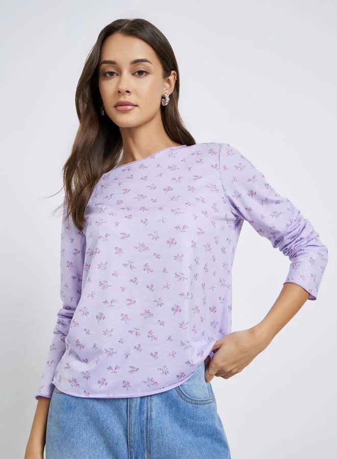 Purple Floral Print Long Sleeve T-Shirt