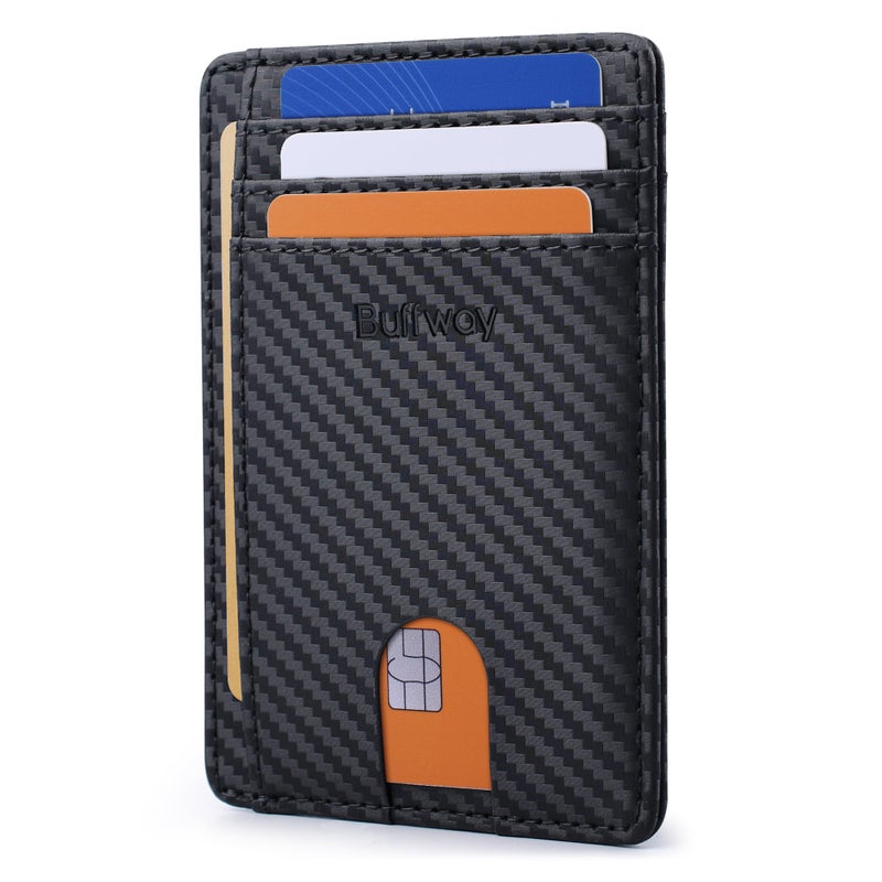 Buffway Slim Minimalist Front Pocket RFID Blocking Leather Wallets for Men and Women - Carbon Fiber Black - Image 1