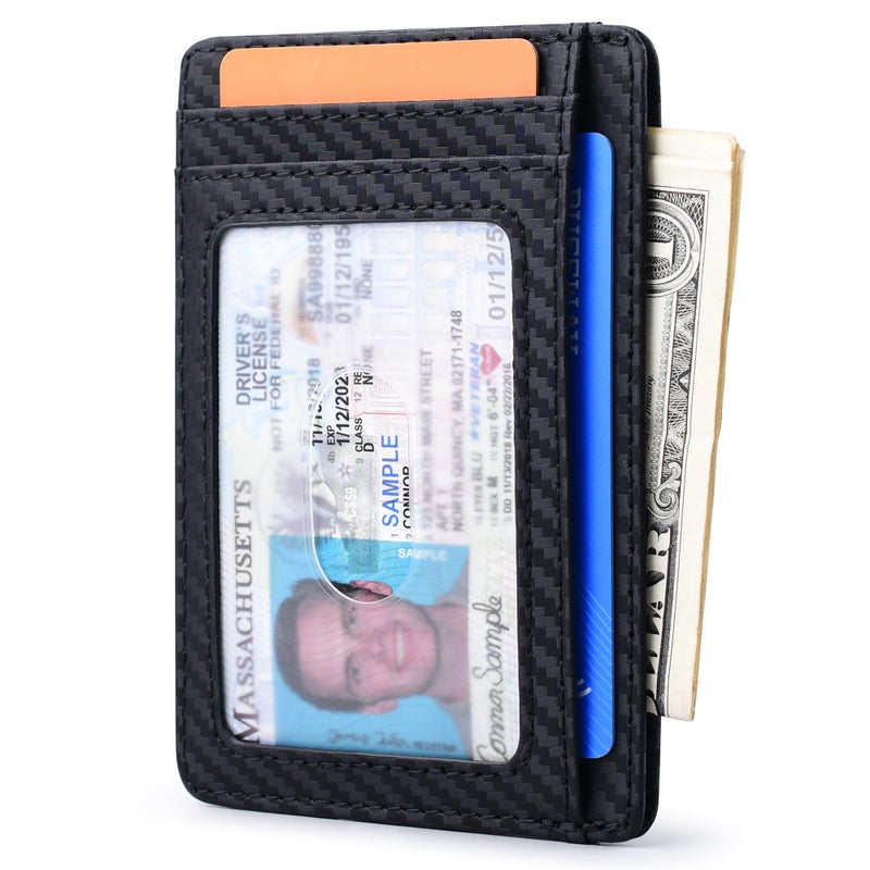 Buffway Slim Minimalist Front Pocket RFID Blocking Leather Wallets for Men and Women - Carbon Fiber Black - Image 2