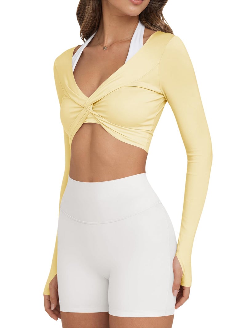Yousify Womens Long Sleeve Workout Crop Tops Twist Deep V Neck Y2k Yoga Pilates Ballet T Shirt Top with Thumb Holes Yellow - Image 3